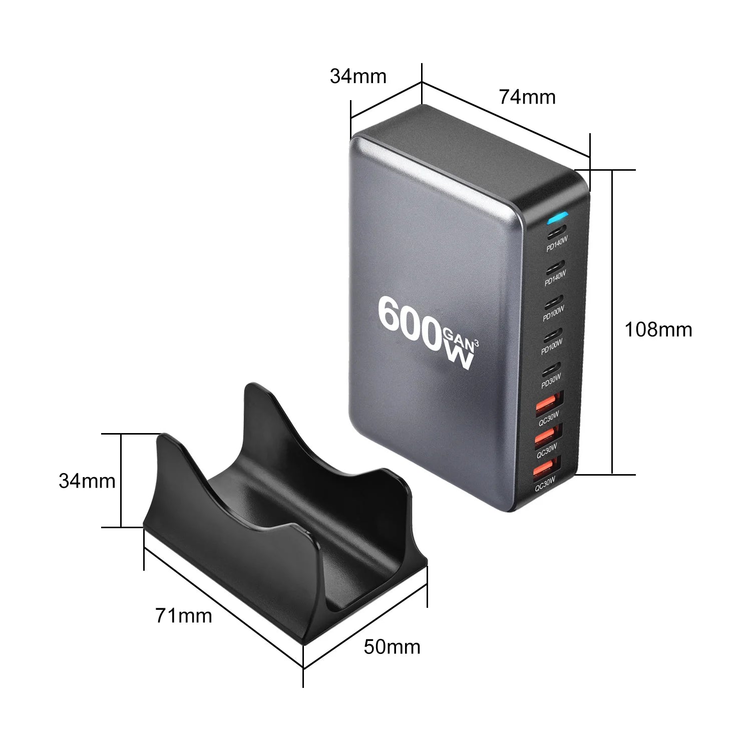 New Design 5C3A 600W USB C Wall Charger Station PD 600W Desktop Fast Charging GaN Charger